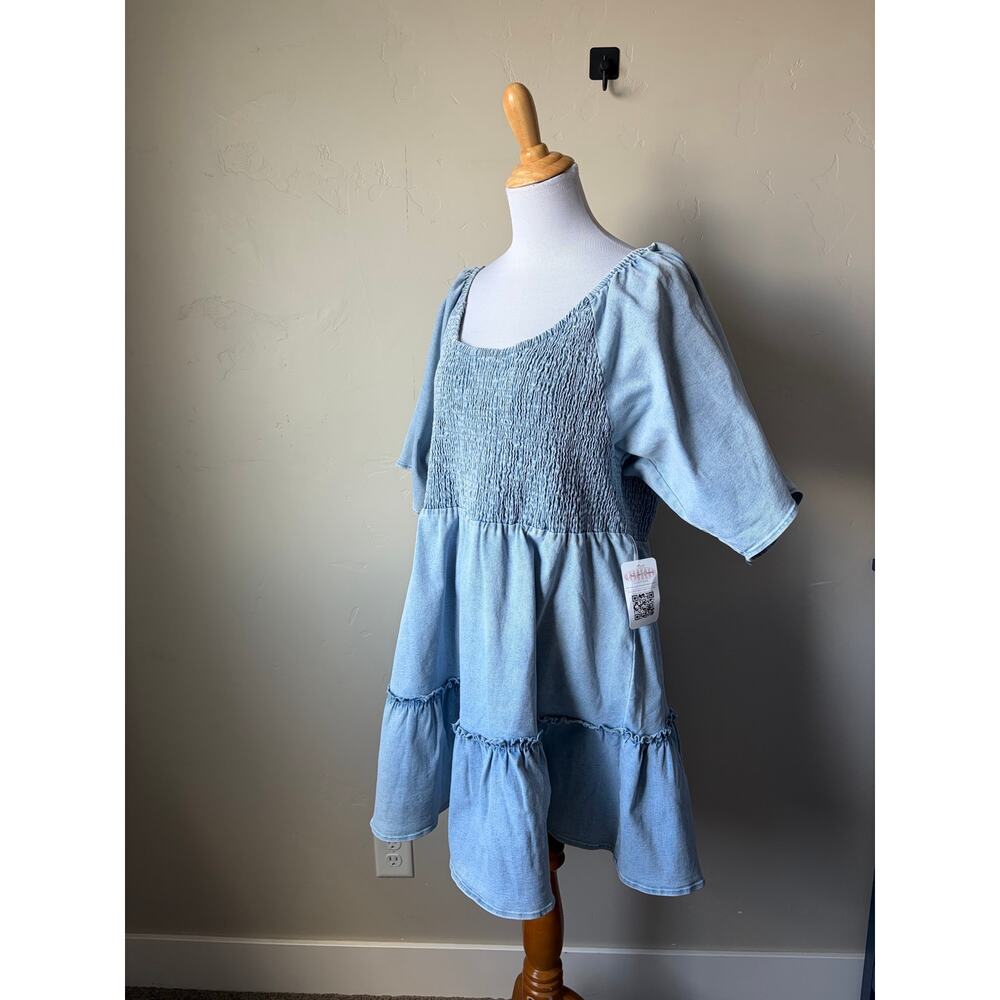 Mikarose Chambray Blue Denim Knee Length Smocked Bodice Flutter Sleeve NWT Sz XL - Picture 3 of 6